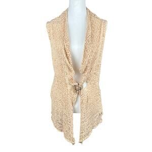 Crea Concept Beige Woven‎ Distressed Sleeveless Cardigan Vest Buckle Womens M